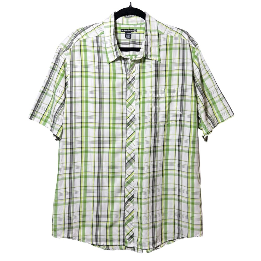 Quiksilver Mens XL Short Sleeve Button Down Shirt Green White Plaid Surf Casual